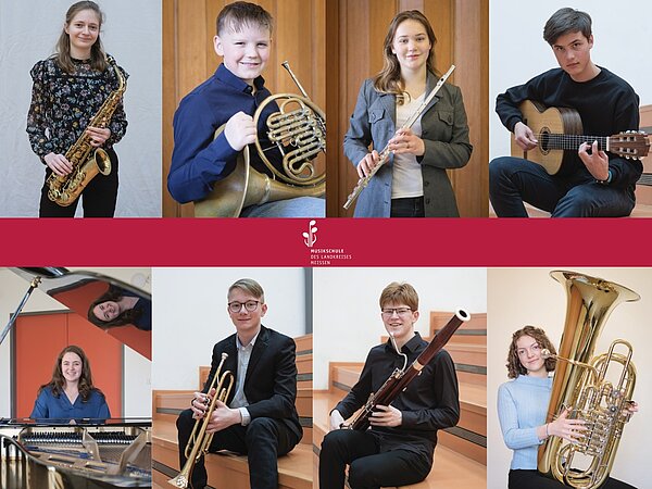 Zu sehen sind Solisten mit ihren Instrumenten Saxophon, Horn, Querflöte, Gitarre, Klavier, Trompete, Fagott und Tuba.