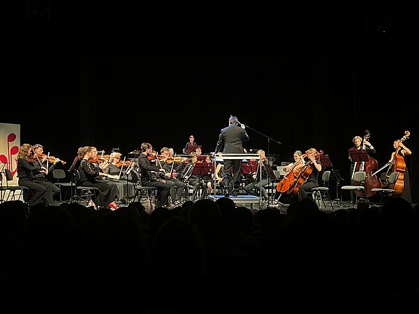 Das Streichorchester Meißen musiziert gemeinsam mit dem Kammerorchester Radebeul auf der Bühne der Landesbühnen Sachsen.