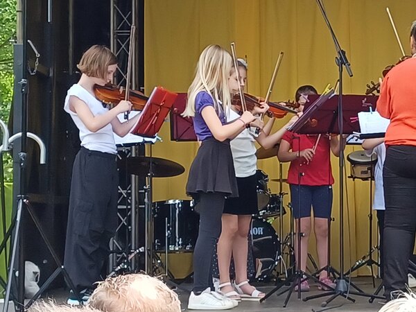 Zu sehen sind spielende Schüler des jungen Streichorchesters „Die Großenhainer Anstreicher“.