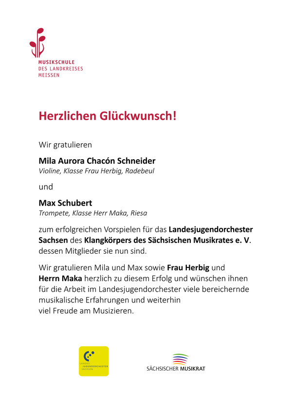 Gratulationsschreiben zur Aufnahme in das Landesjugendorchesters Sachsen