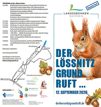 Flyer für die Veranstaltung - Der Lößnitzgrund ruft. Ein Eichhörnchen ist auf der Vorderseite zu sehen und die Rückseite zeigt eine Karte des Lößnitzgrundes und Informationen zum Programm.