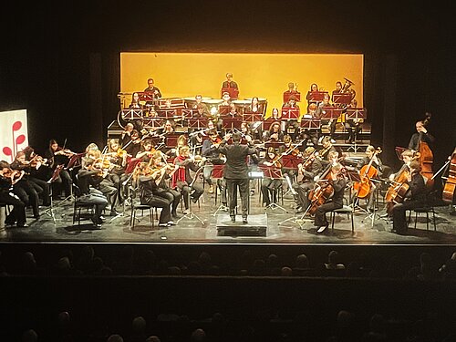 Das Jugendsinfonieorchester Radebeul spielt zum Weihnachtskonzert, vor Publikum, auf der Bühne der Landesbühnen Sachsen.