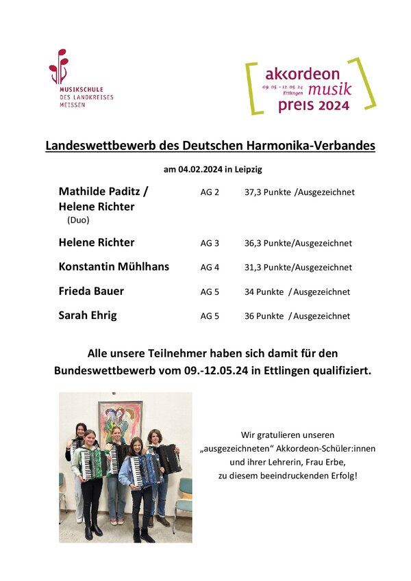 Hier sind die Ergebnisse der Schüler vom Akkordeon-Wettbewerb zu sehen.